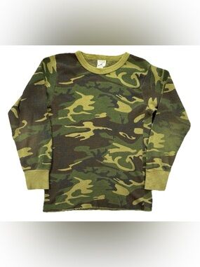 Vintage Camo Waffle Knit Long Sleeve T Shirt Youth Large Green Y2K Grunge Punk